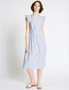 Marks & Spencer Cotton Blend Striped Cutwork Skater Dress Blue Mix