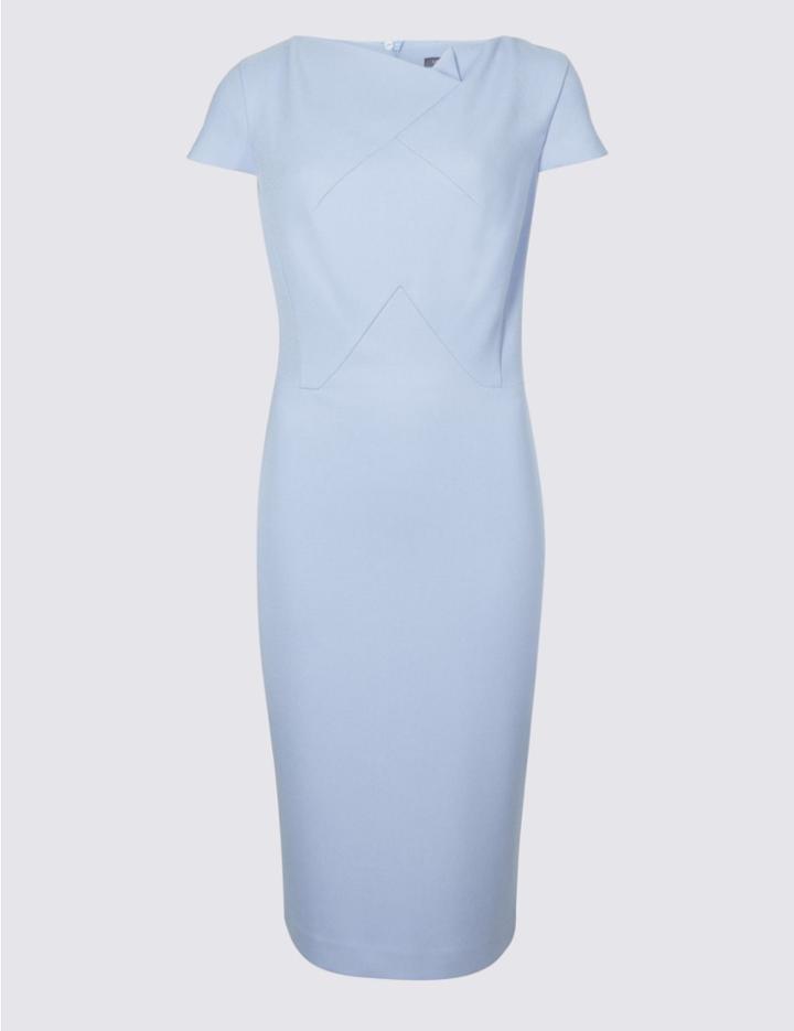 Marks & Spencer Pleated Front Bodycon Midi Dress Light Blue