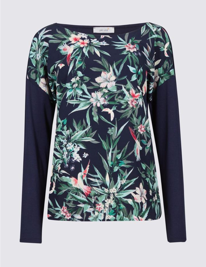 Marks & Spencer Floral Print Woven Front Long Sleeve T-shirt Navy Mix