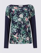 Marks & Spencer Floral Print Woven Front Long Sleeve T-shirt Navy Mix