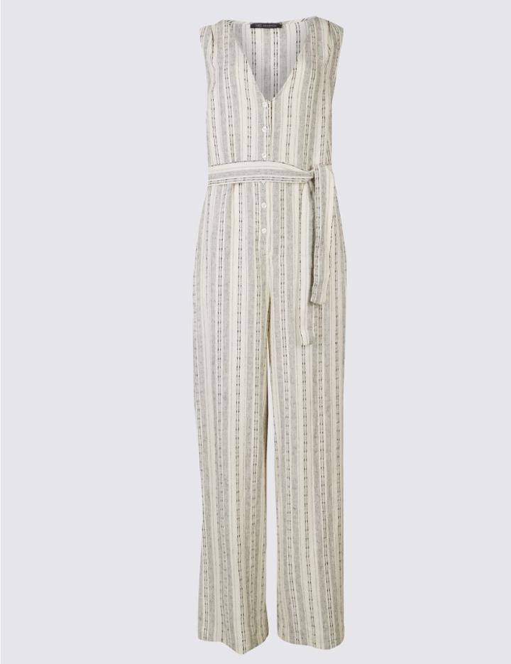 Marks & Spencer Linen Rich Striped Jumpsuit Ivory Mix