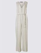 Marks & Spencer Linen Rich Striped Jumpsuit Ivory Mix