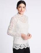 Marks & Spencer Cotton Blend Lace Long Sleeve Blouse Cream