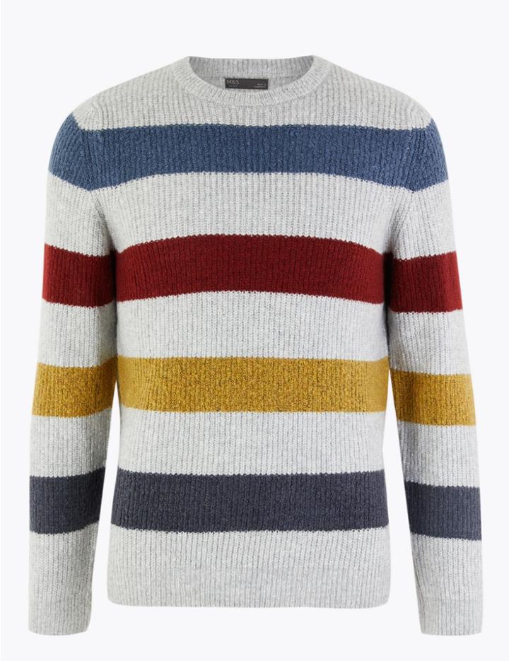 Marks & Spencer Striped Crew Neck Jumper Grey Mix
