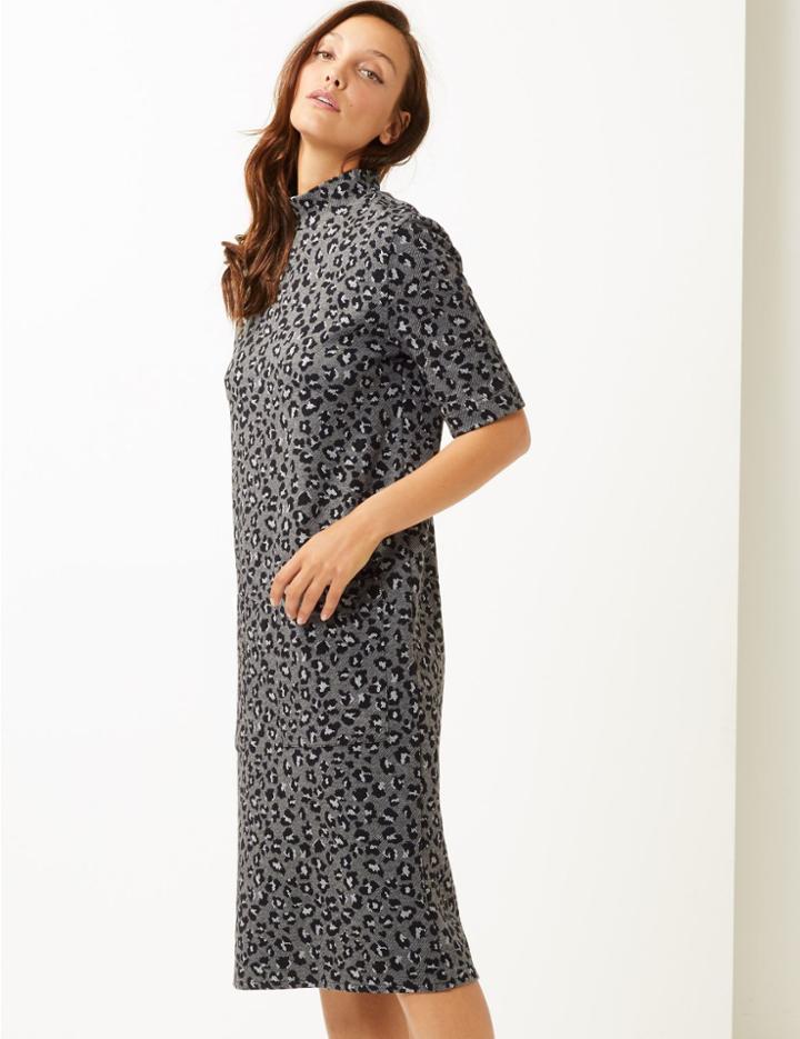 Marks & Spencer Animal Print Short Sleeve Shift Midi Dress Grey Mix