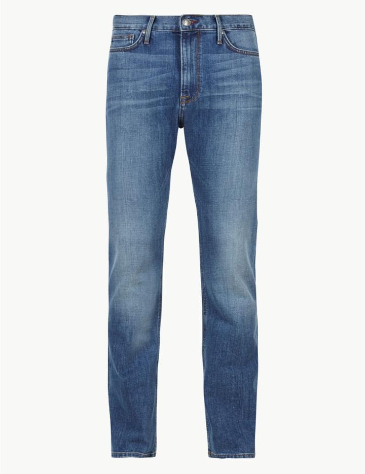 Marks & Spencer Shorter Length Straight Fit Stretch Jeans Mid Blue