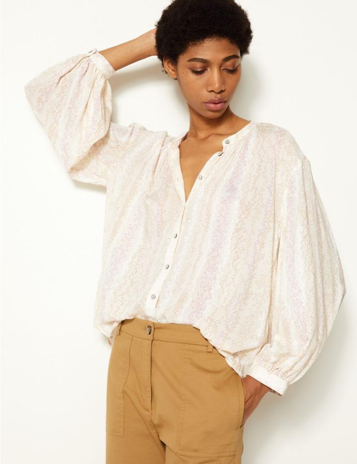 Marks & Spencer Animal Print High Neck Blouson Sleeve Blouse Ivory Mix