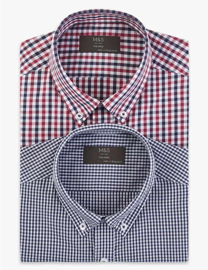 Marks & Spencer 2 Pack Cotton Blend Tailored Fit Shirts Burgundy Mix