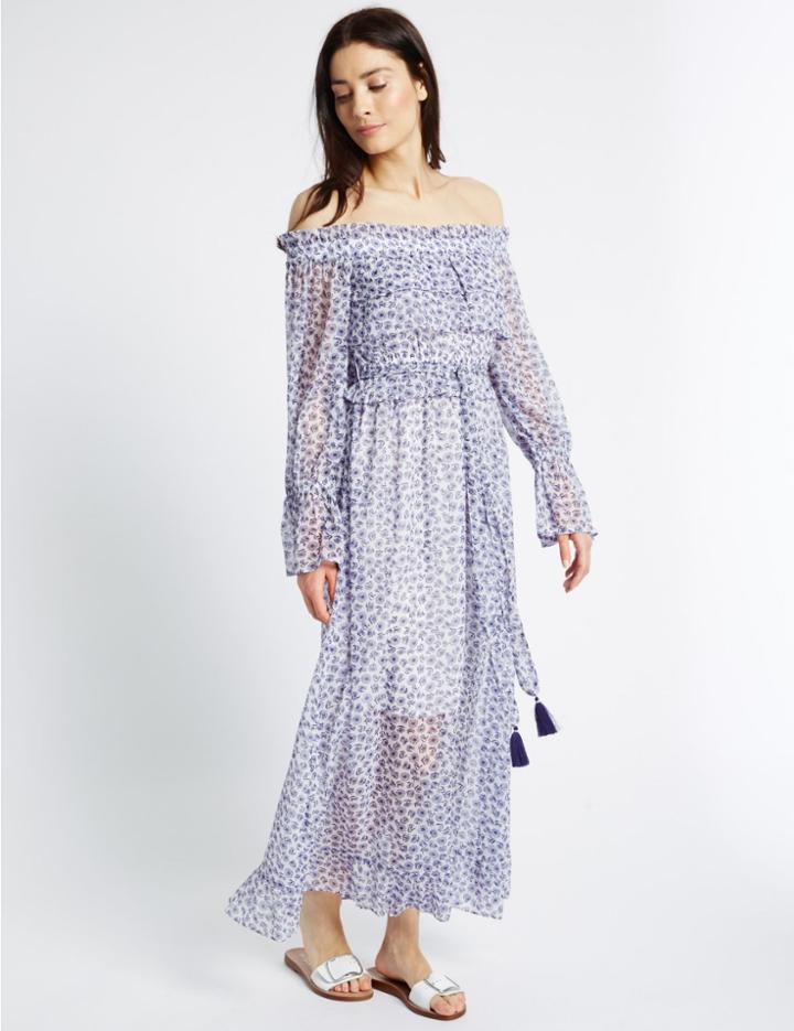 Marks & Spencer Floral Print Bardot Midi Dress Ivory Mix