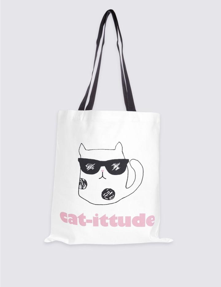 Marks & Spencer Pure Cotton Printed Canvas Shopper Bag White/black