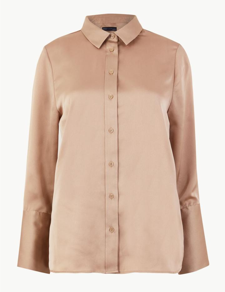 Marks & Spencer Satin Flared Cuff Shirt Fudge