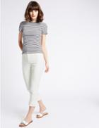 Marks & Spencer Cotton Blend Frill Hem Slim Leg Trousers Soft White