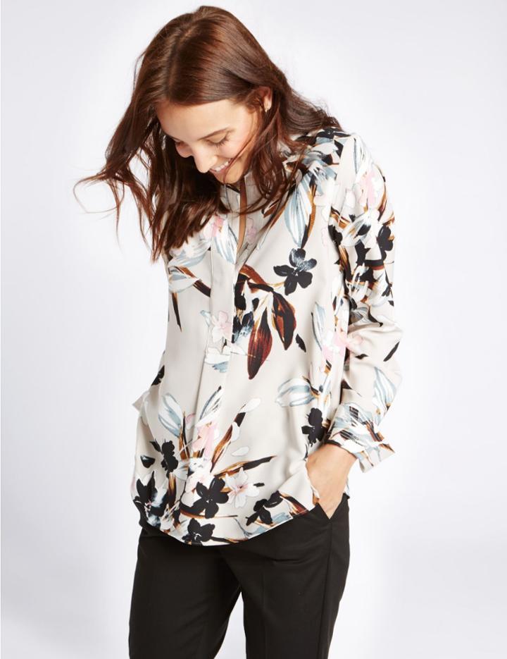 Marks & Spencer Floral Print Notch Neck Long Sleeve Blouse Grey Mix