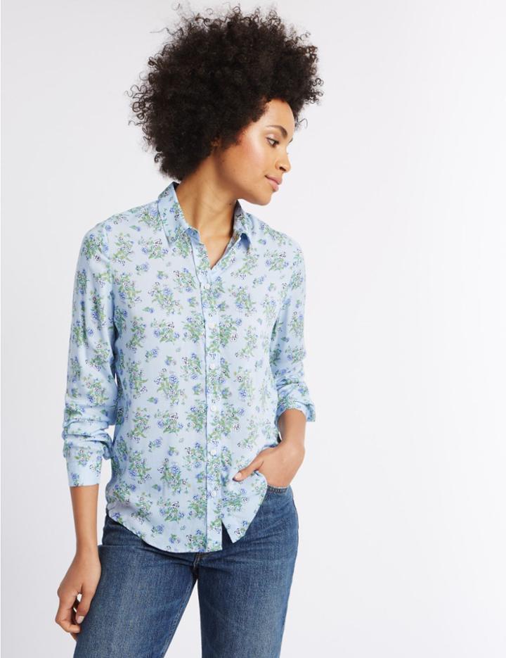 Marks & Spencer Pure Modal Ditsy Print Long Sleeve Shirt Ivory Mix