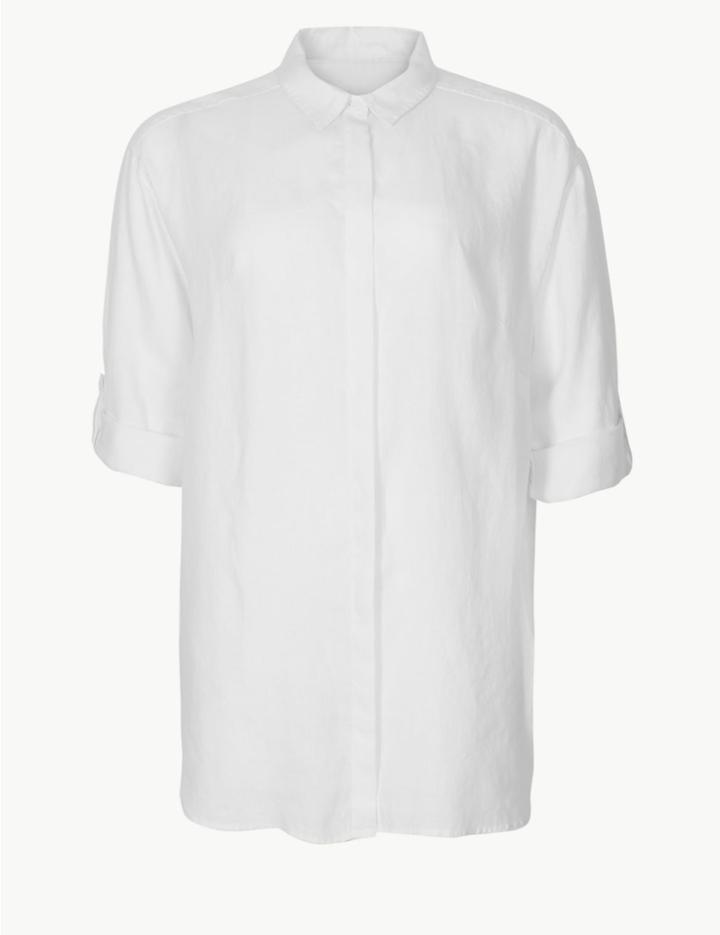 Marks & Spencer Curve Pure Linen 3/4 Sleeve Shirt White
