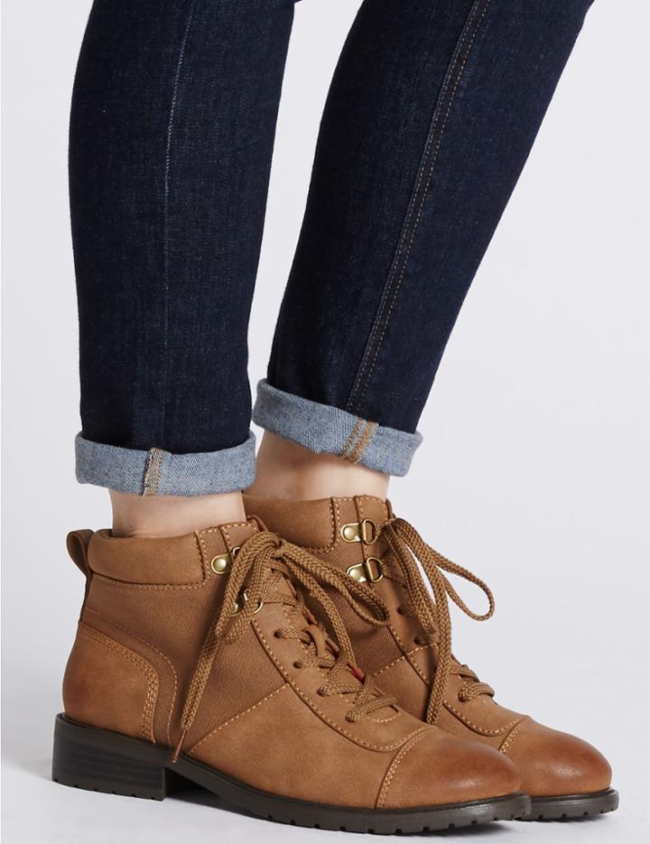 Marks & Spencer Block Heel Lace-up Toe Cap Ankle Boots Tan