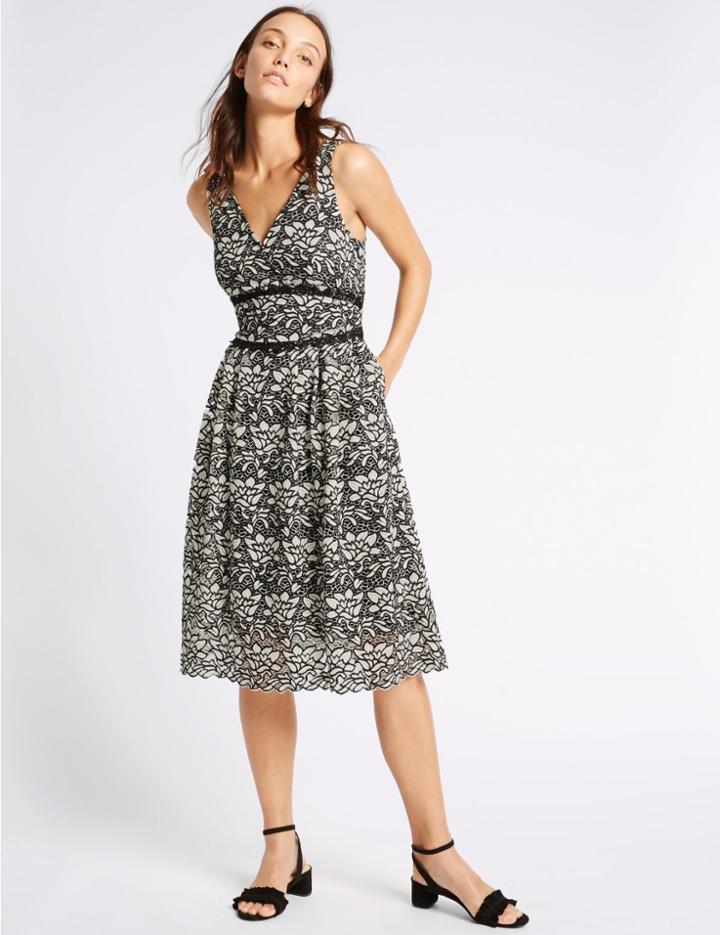 Marks & Spencer Floral Lace Sleeveless Skater Dress Black Mix
