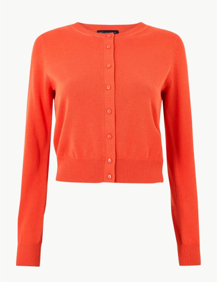 Marks & Spencer Pure Cotton Cropped Round Neck Cardigan Mango