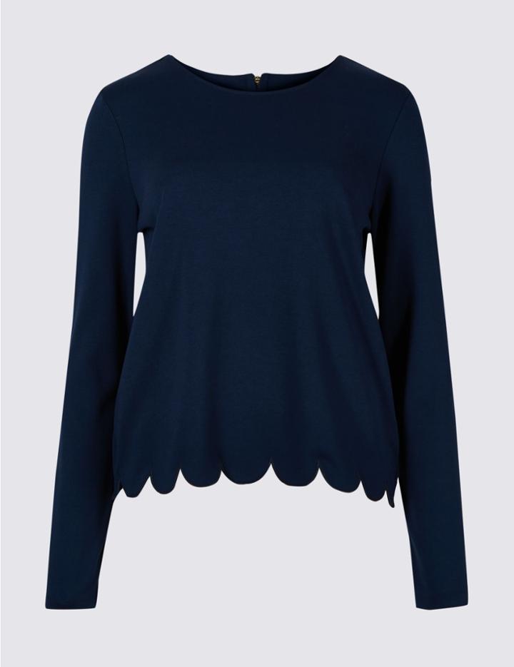 Marks & Spencer Scallop Hem Round Neck Long Sleeve Top Navy Mix