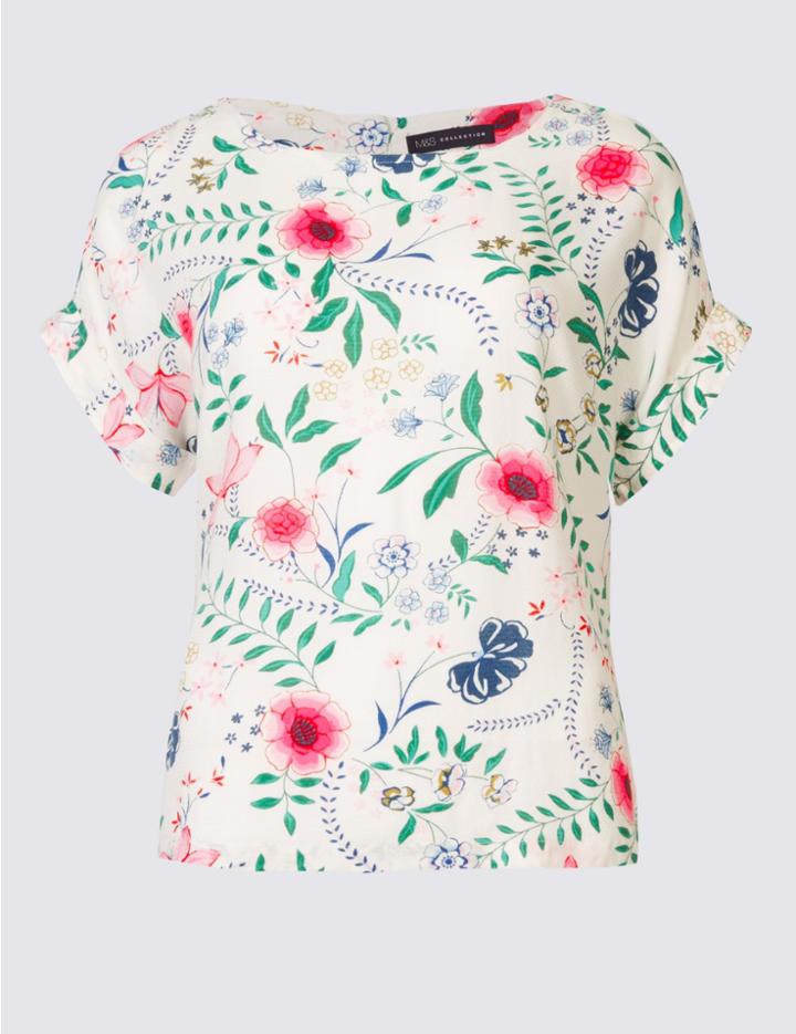 Marks & Spencer Petite Floral Print Short Sleeve Shell Top Ivory Mix