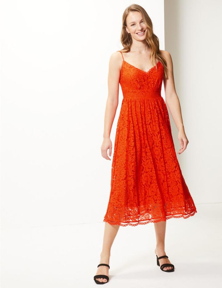Marks & Spencer Lace Slip Midi Dress Bright Orange
