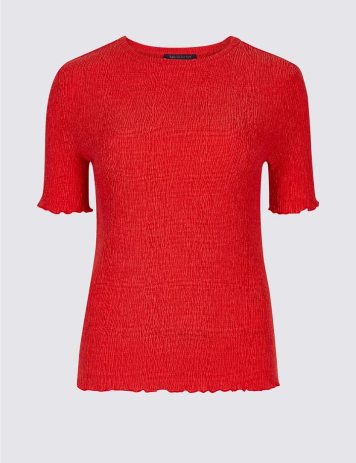 Marks & Spencer Textured Round Neck Short Sleeve Top Red
