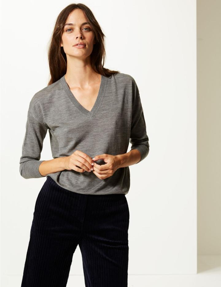 Marks & Spencer Pure Merino Wool V-neck Long Sleeve Jumper Mid Grey Marl