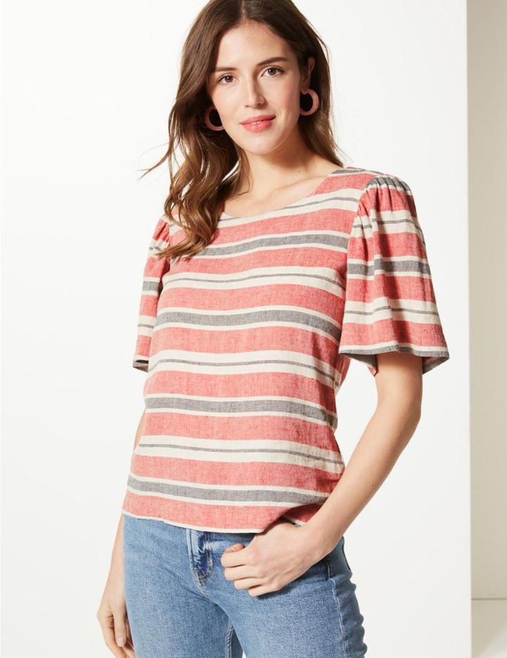Marks & Spencer Linen Rich Striped Short Sleeve Blouse Multi