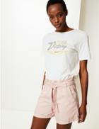 Marks & Spencer Tie Waist Casual Shorts With Cotton Pink