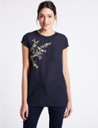 Marks & Spencer Embroidered Round Neck Short Sleeve Tunic Navy Mix