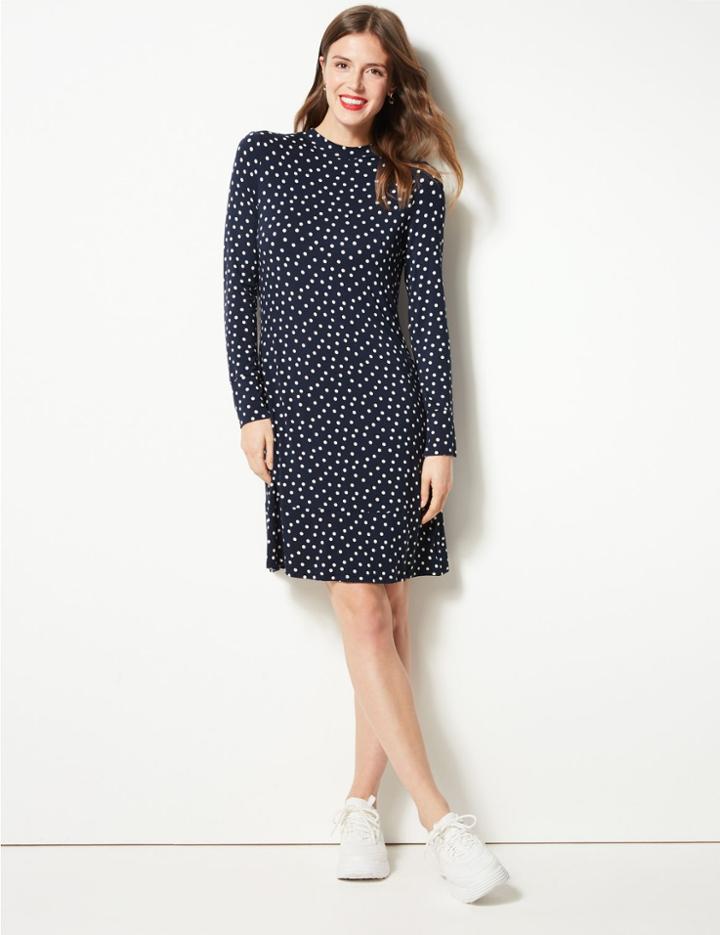 Marks & Spencer Polka Dot Round Neck Swing Mini Dress Navy Mix