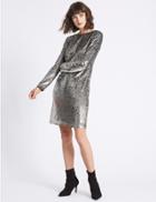 Marks & Spencer Sequin Long Sleeve Shift Dress Silver