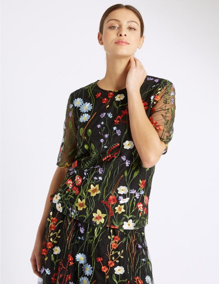 Marks & Spencer Floral Embroidered Half Sleeve Shell Top Black Mix