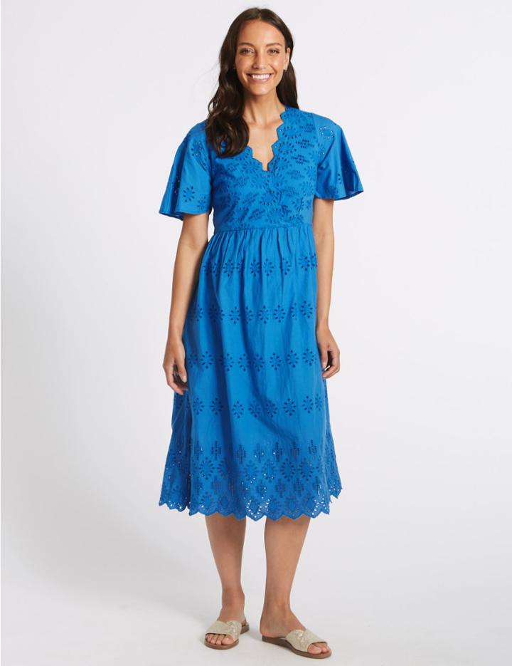 Marks & Spencer Pure Cotton Embroidered Skater Midi Dress Blue