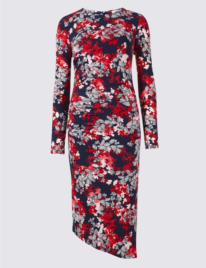 Marks & Spencer Floral Print Long Sleeve Bodycon Midi Dress Pink Mix