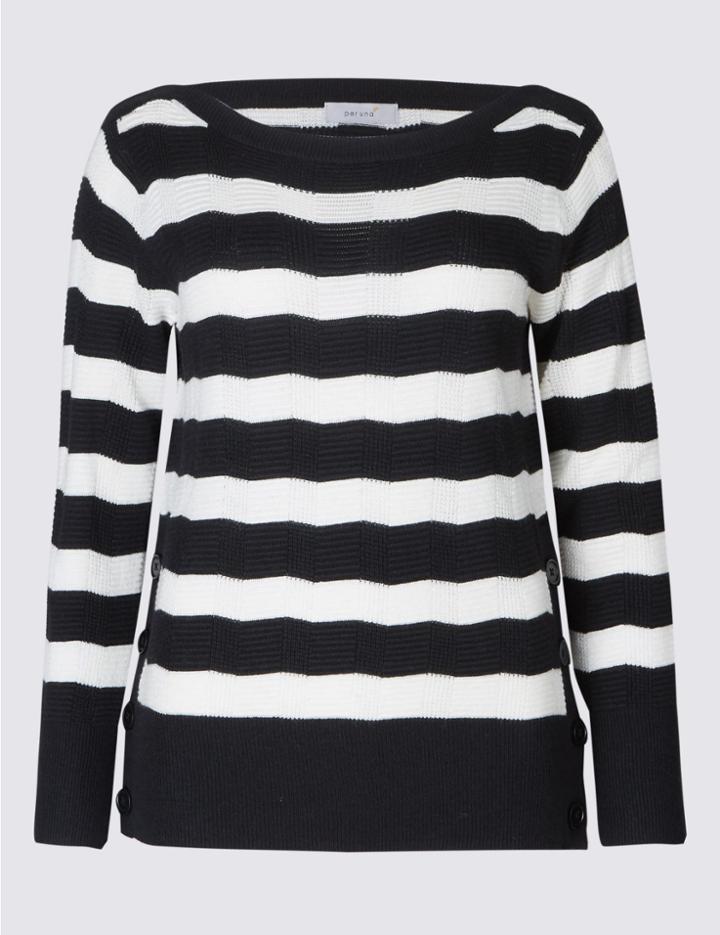 Marks & Spencer Striped Slash Neck Long Sleeve Jumper Navy Mix
