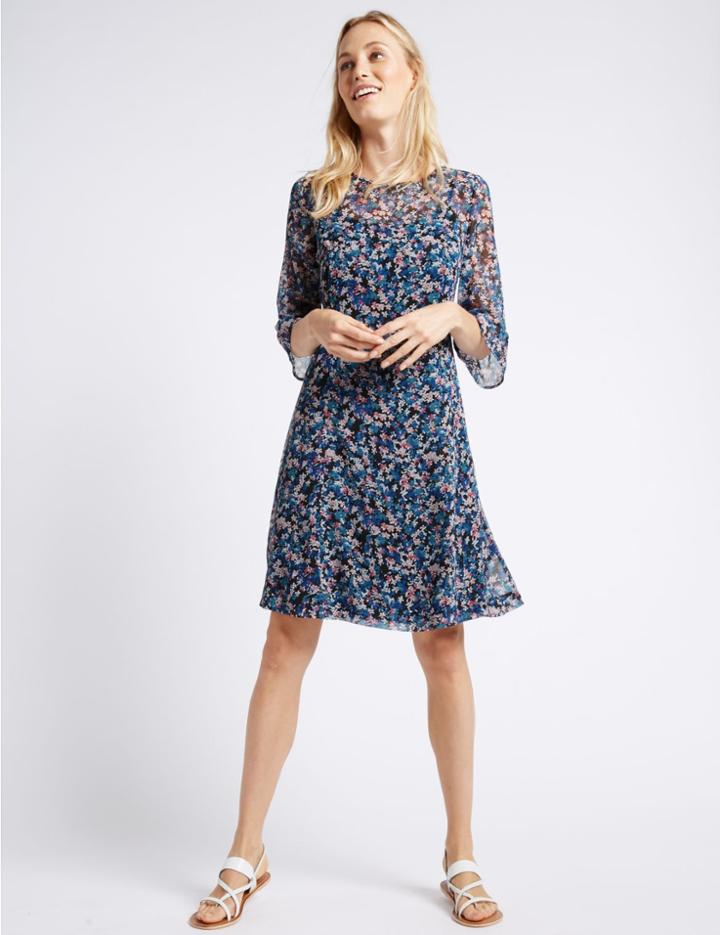 Marks & Spencer Ditsy Print Flare Sleeve Swing Dress Grey Mix