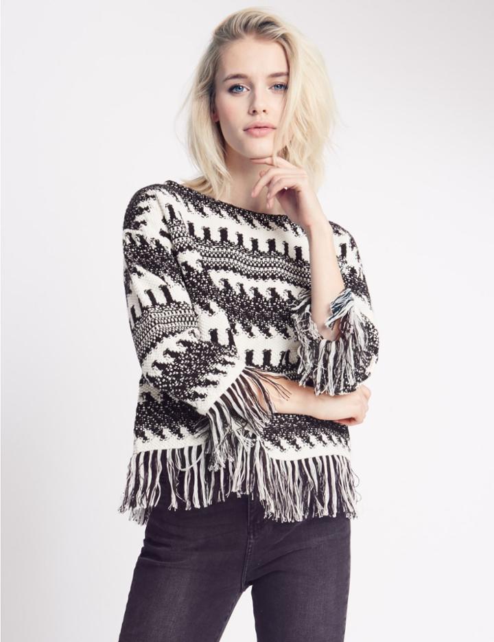 Marks & Spencer Zigzag Fringe Slash Neck 3/4 Sleeve Jumper Cream Mix