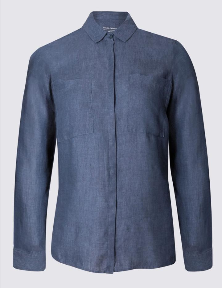 Marks & Spencer Plus Pure Linen Long Sleeve Shirt Navy