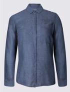 Marks & Spencer Plus Pure Linen Long Sleeve Shirt Navy