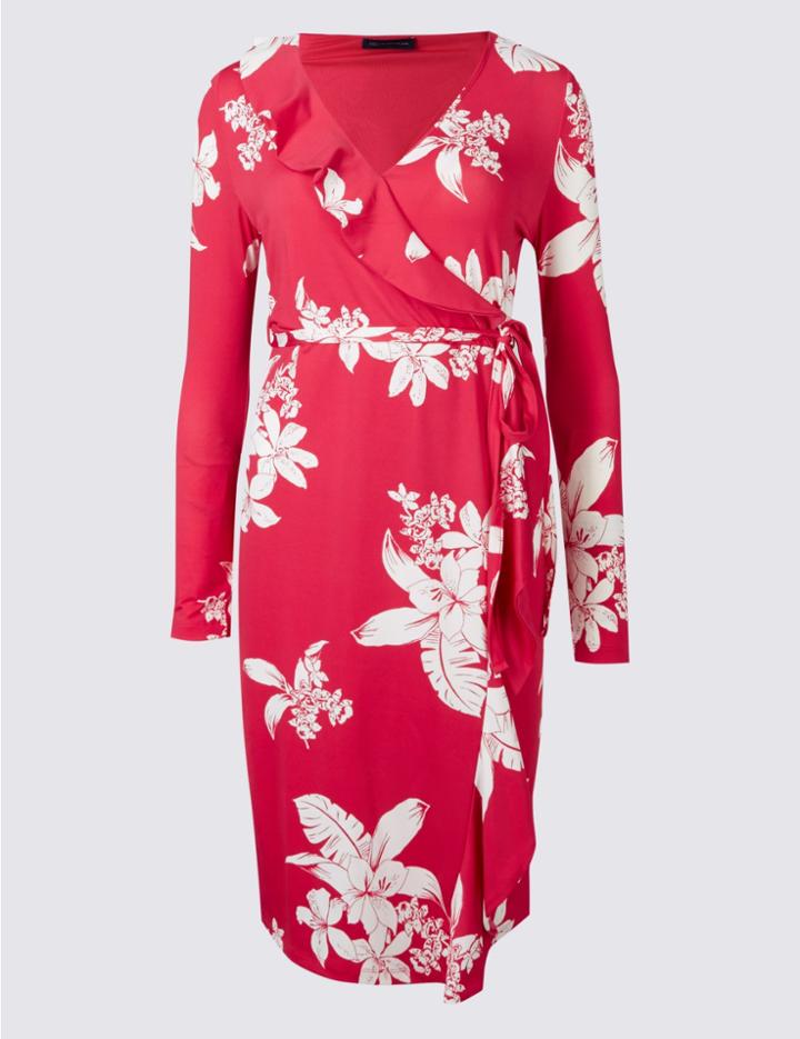 Marks & Spencer Petite Floral Print Wrap Midi Dress Ivory Mix
