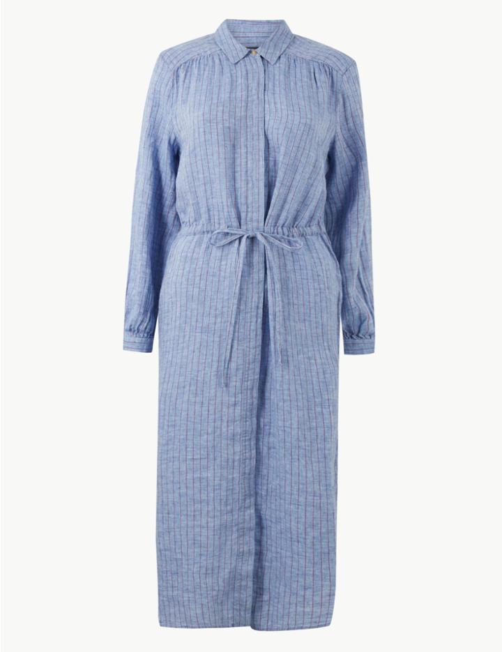 Marks & Spencer Pure Linen Striped Midi Shirt Dress Chambray Mix