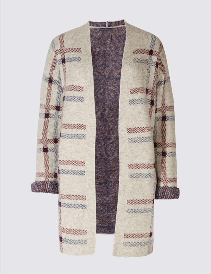 Marks & Spencer Checked Longline Cardigan Grey Mix