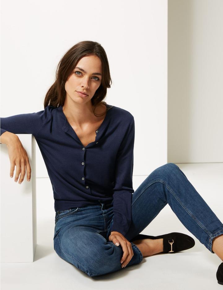 Marks & Spencer Long Sleeve Round Neck Cardigan Medium Navy