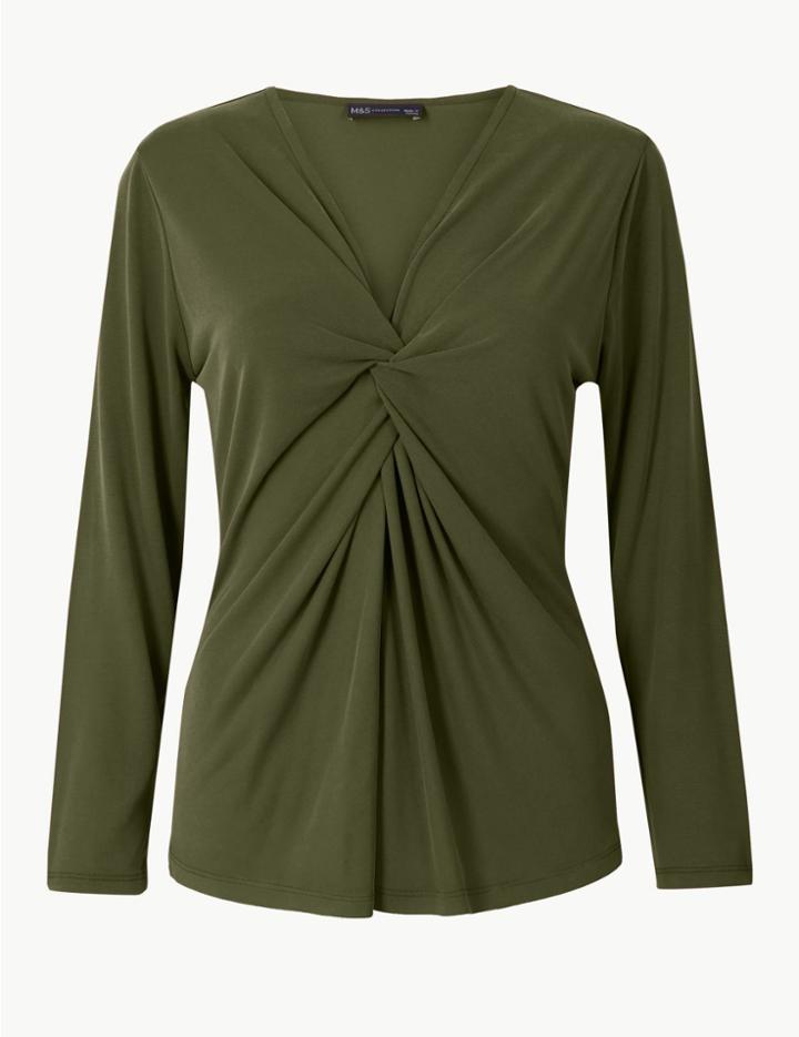 Marks & Spencer Twisted Front V-neck Long Sleeve Top Hunter Green