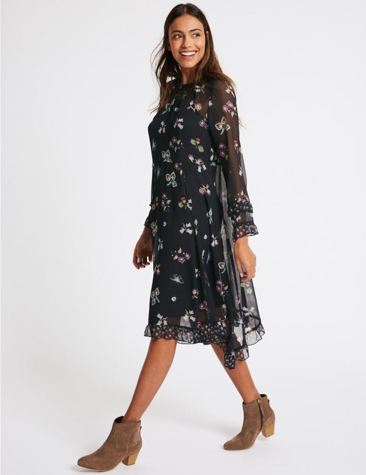Marks & Spencer Floral Print Long Sleeve Skater Midi Dress Navy Mix