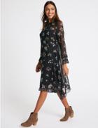 Marks & Spencer Floral Print Long Sleeve Skater Midi Dress Navy Mix