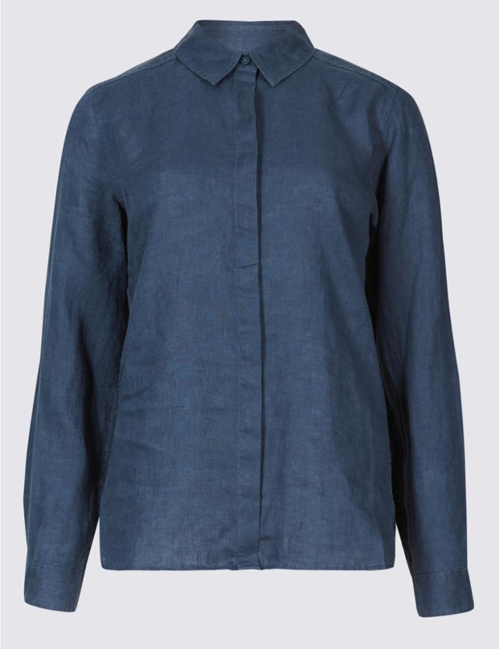 Marks & Spencer Pure Linen Long Sleeve Shirt Navy Mix