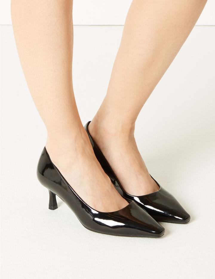 Marks & Spencer Wide Fit Kitten Heel Square Toe Court Shoes Black Patent