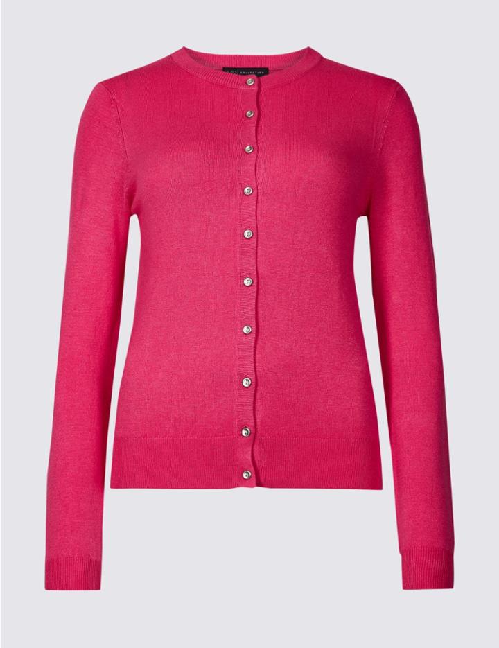 Marks & Spencer Ribbed Round Neck Cardigan Very Pink